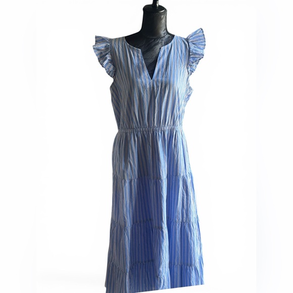 J Crew Blue Striped Tiered Midi Dress Flutter Sleeve Size 10 Cottagecore - Picture 2 of 8